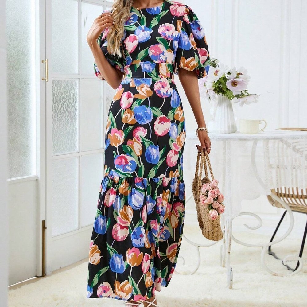 Multicolor Boho Womens Floral Print Puff Sleeve Ruffle Hem Dress - Picture 2 of 5